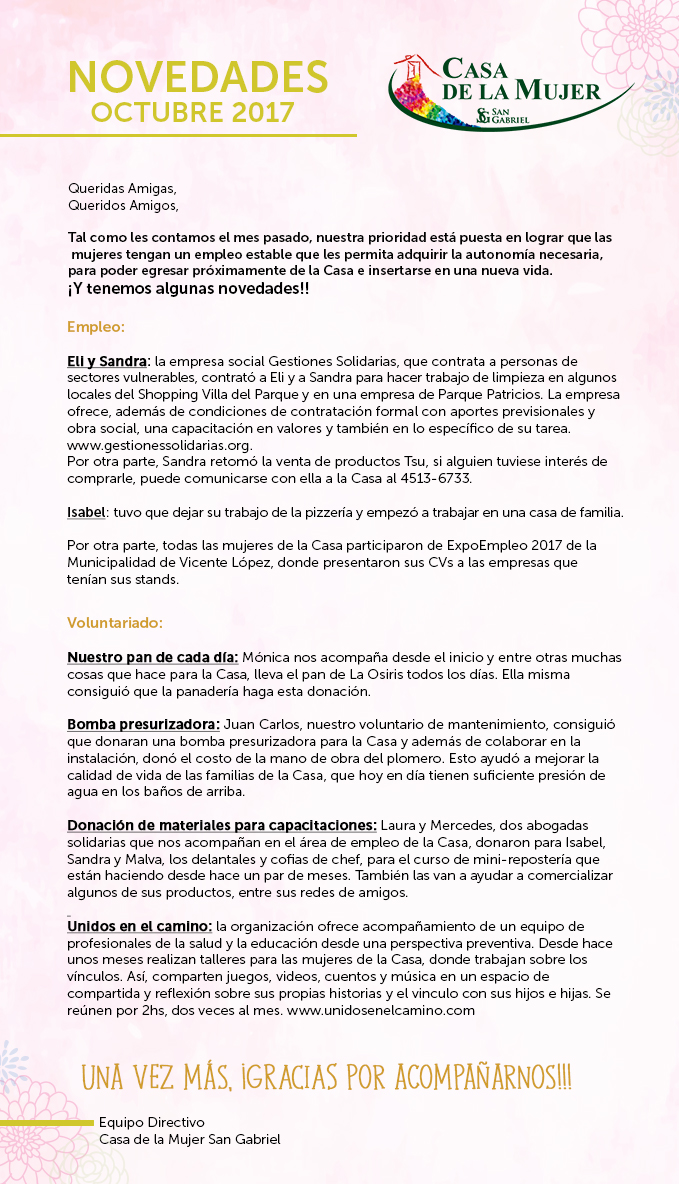 Novedades Casa de la Mujer- Octubre 2017 Novedades Casa de la Mujer- Octubre 2017